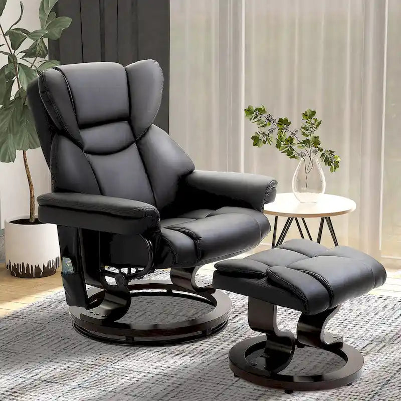 Set poltrona reclinabile manuale girevole a 360° in similpelle nera con pouf, 10 punti di massaggio a vibrazione, tasca laterale