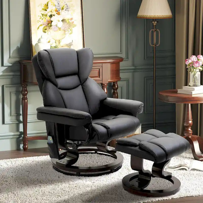 Set poltrona reclinabile manuale girevole a 360° in similpelle nera con pouf, 10 punti di massaggio a vibrazione, tasca laterale
