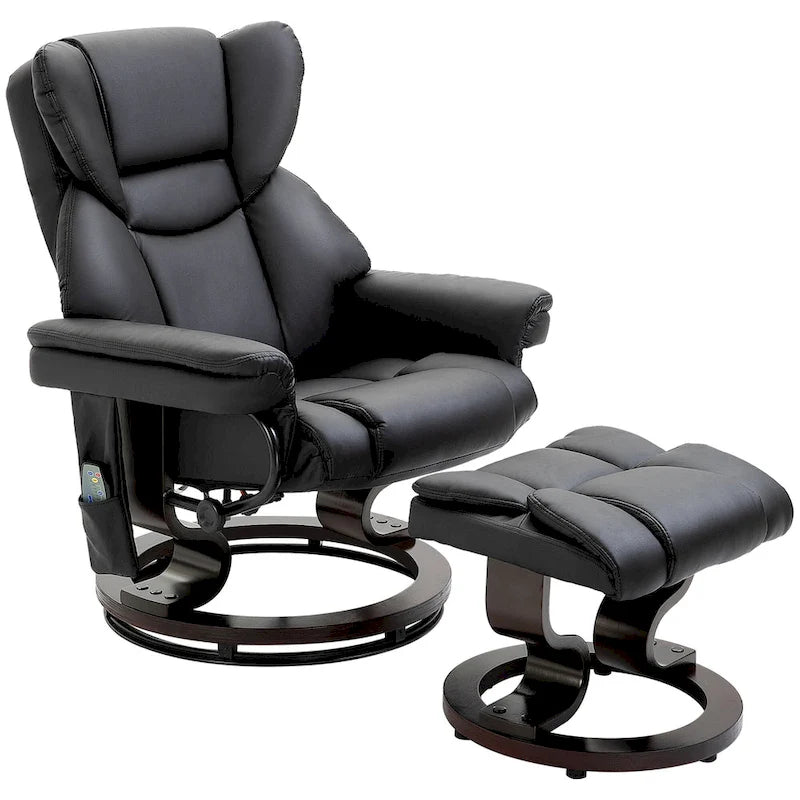 Set poltrona reclinabile manuale girevole a 360° in similpelle nera con pouf, 10 punti di massaggio a vibrazione, tasca laterale