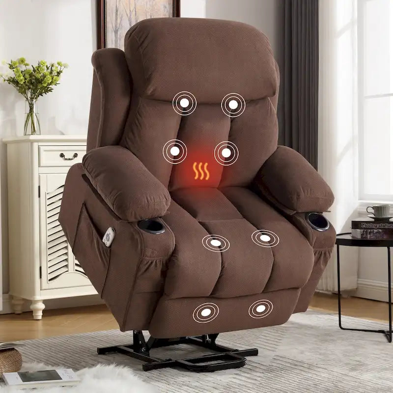 Poltrona reclinabile alzapersona con massaggio e riscaldamento, porta USB, tasche laterali, colore marrone/grigio – 1 persona
