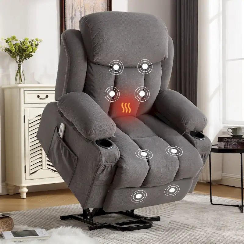 Poltrona reclinabile alzapersona con massaggio e riscaldamento, porta USB, tasche laterali, colore marrone/grigio – 1 persona