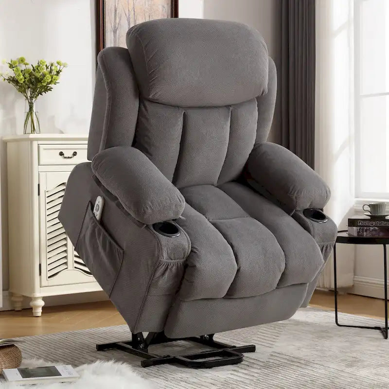 Poltrona reclinabile alzapersona con massaggio e riscaldamento, porta USB, tasche laterali, colore marrone/grigio – 1 persona