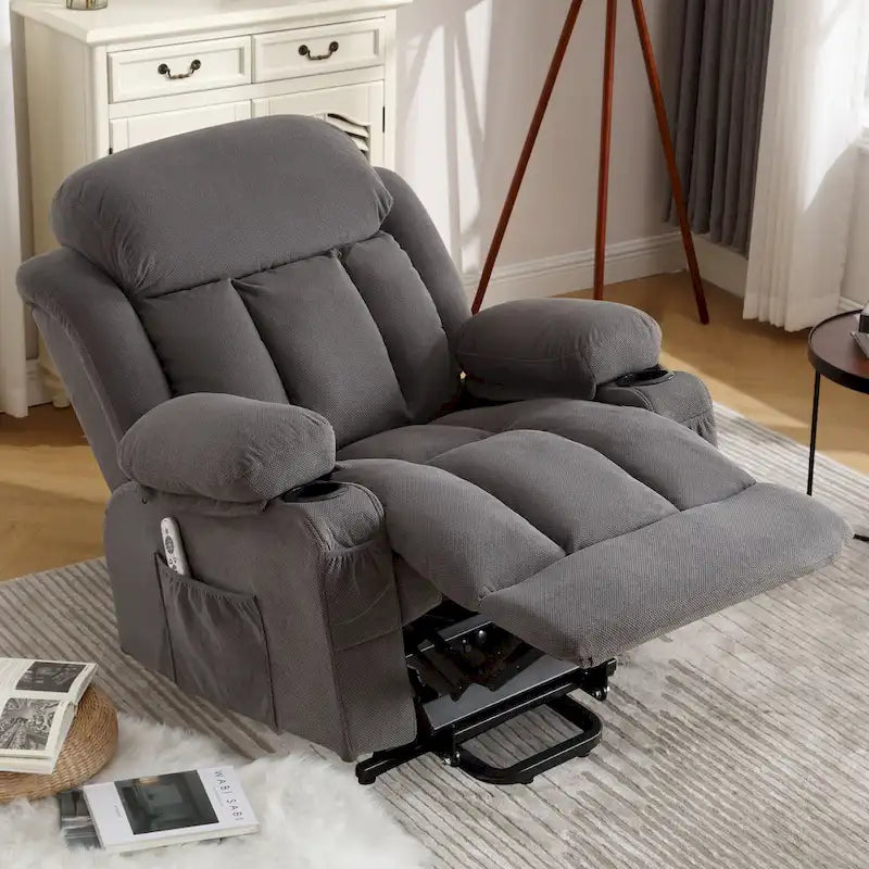 Poltrona reclinabile alzapersona con massaggio e riscaldamento, porta USB, tasche laterali, colore marrone/grigio – 1 persona