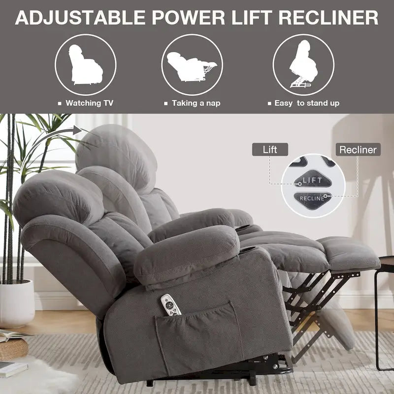 Poltrona reclinabile alzapersona con massaggio e riscaldamento, porta USB, tasche laterali, colore marrone/grigio – 1 persona