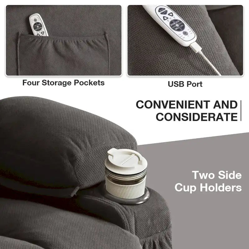 Poltrona reclinabile alzapersona con massaggio e riscaldamento, porta USB, tasche laterali, colore marrone/grigio – 1 persona