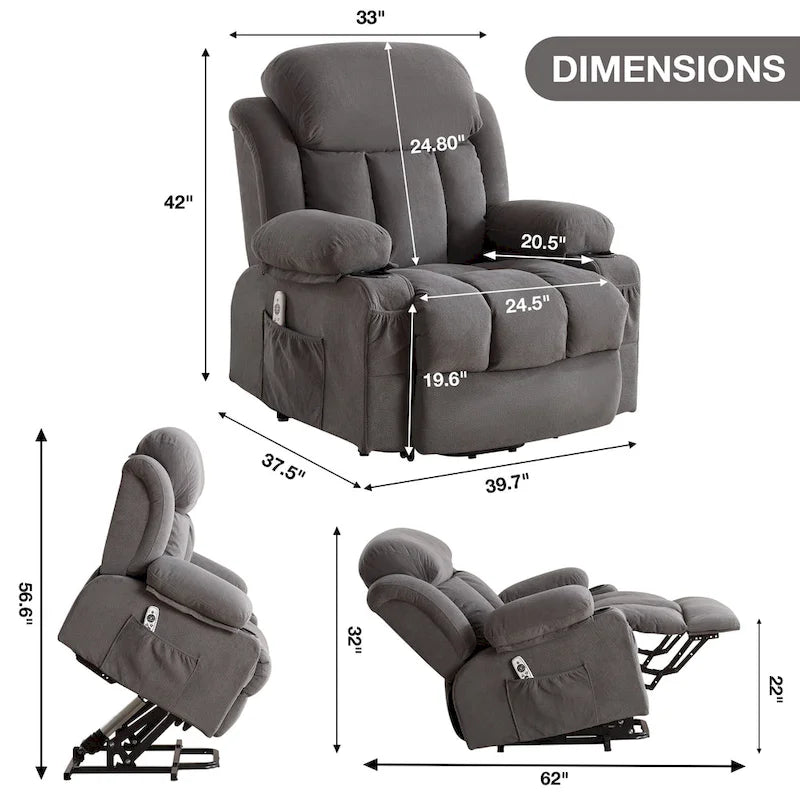Poltrona reclinabile alzapersona con massaggio e riscaldamento, porta USB, tasche laterali, colore marrone/grigio – 1 persona