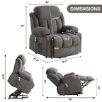 Poltrona reclinabile alzapersona con massaggio e riscaldamento, porta USB, tasche laterali, colore marrone/grigio – 1 persona