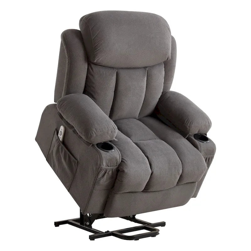 Poltrona reclinabile alzapersona con massaggio e riscaldamento, porta USB, tasche laterali, colore marrone/grigio – 1 persona