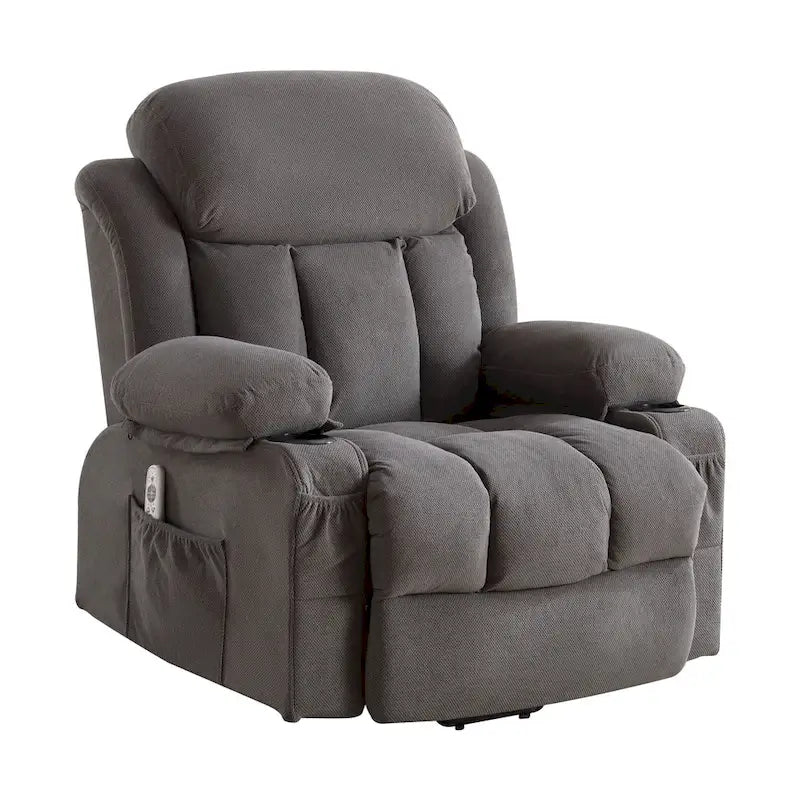 Poltrona reclinabile alzapersona con massaggio e riscaldamento, porta USB, tasche laterali, colore marrone/grigio – 1 persona