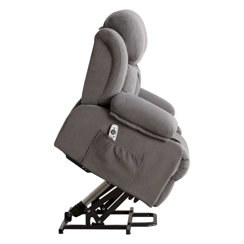 Poltrona reclinabile alzapersona con massaggio e riscaldamento, porta USB, tasche laterali, colore marrone/grigio – 1 persona