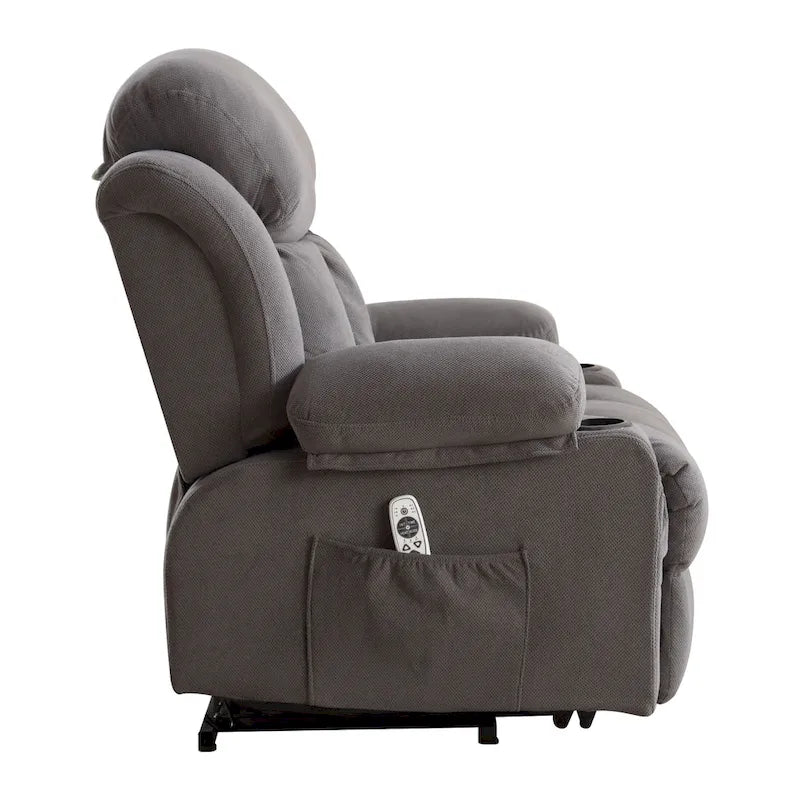 Poltrona reclinabile alzapersona con massaggio e riscaldamento, porta USB, tasche laterali, colore marrone/grigio – 1 persona