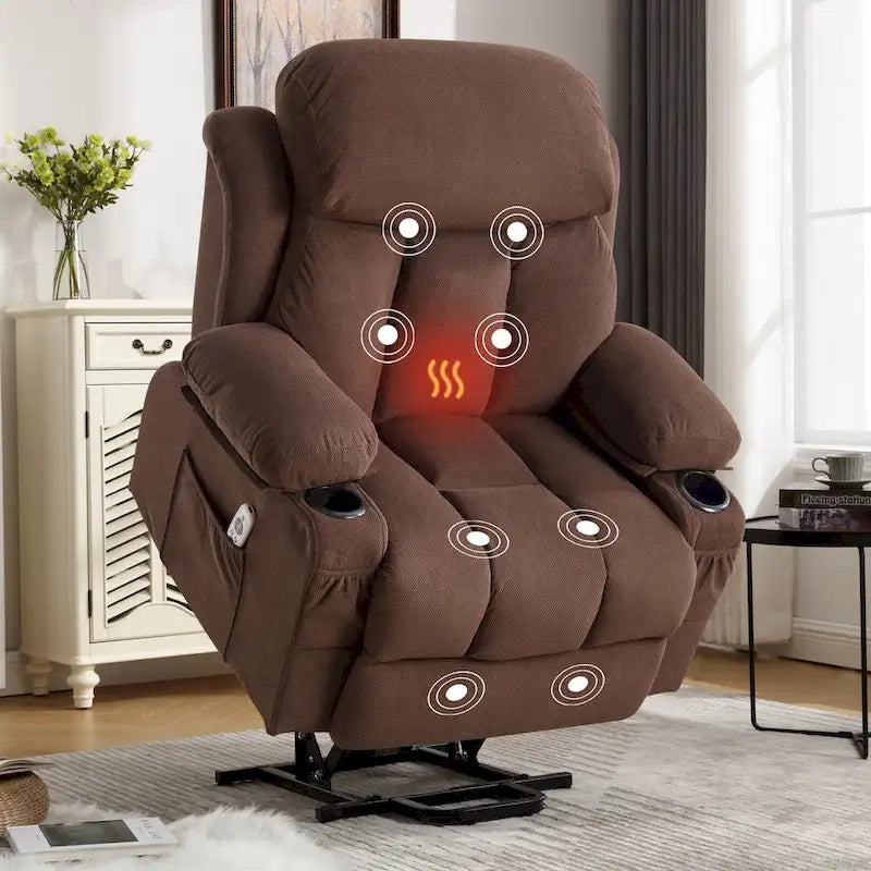 Poltrona reclinabile alzapersona con massaggio e riscaldamento, porta USB, tasche laterali, colore marrone/grigio – 1 persona