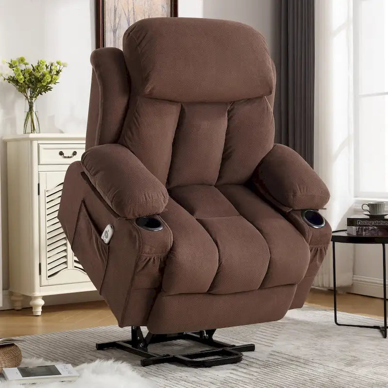 Poltrona reclinabile alzapersona con massaggio e riscaldamento, porta USB, tasche laterali, colore marrone/grigio – 1 persona