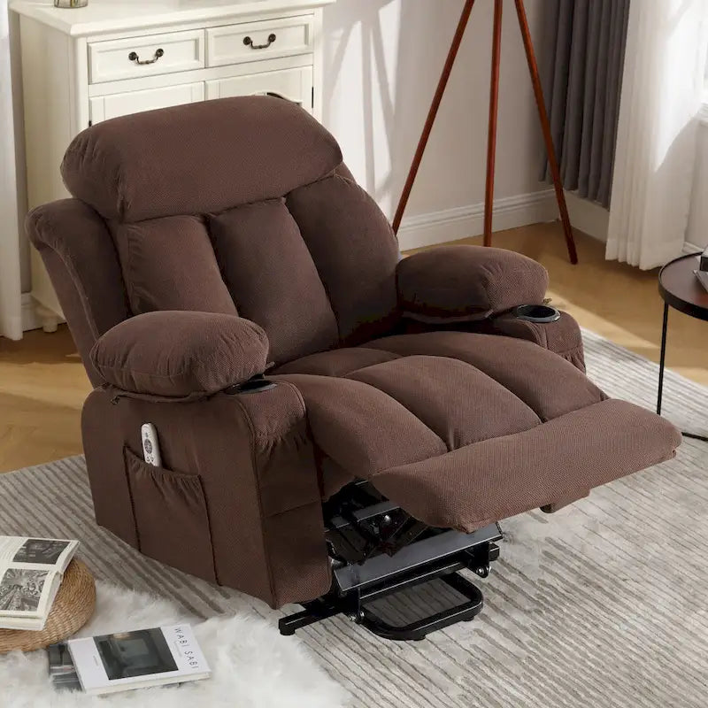 Poltrona reclinabile alzapersona con massaggio e riscaldamento, porta USB, tasche laterali, colore marrone/grigio – 1 persona