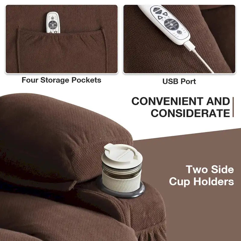 Poltrona reclinabile alzapersona con massaggio e riscaldamento, porta USB, tasche laterali, colore marrone/grigio – 1 persona