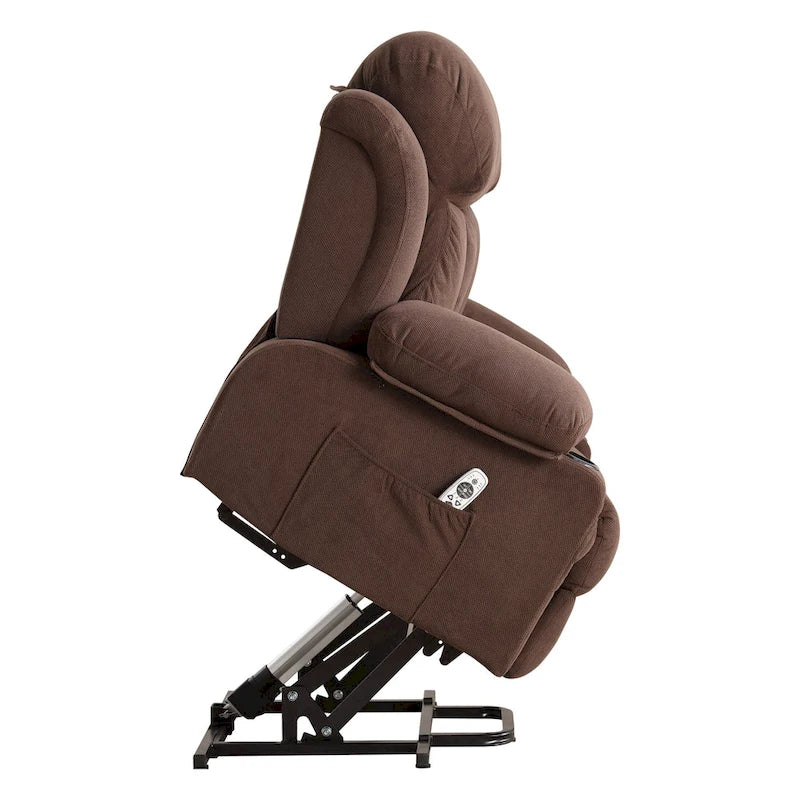 Poltrona reclinabile alzapersona con massaggio e riscaldamento, porta USB, tasche laterali, colore marrone/grigio – 1 persona