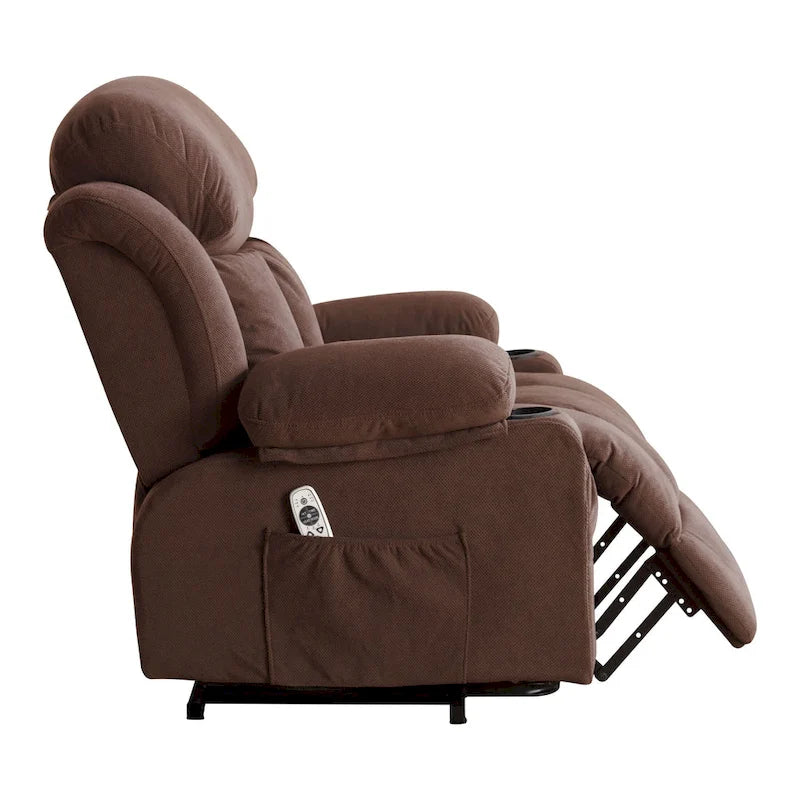 Poltrona reclinabile alzapersona con massaggio e riscaldamento, porta USB, tasche laterali, colore marrone/grigio – 1 persona