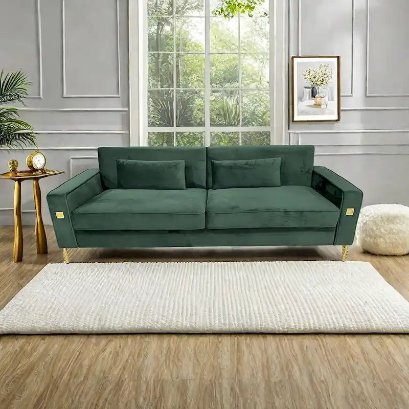 Divano a 3 posti in velluto con dettagli dorati – Blu retrò / Nero / Verde retrò / Bianco crema / Arancione
