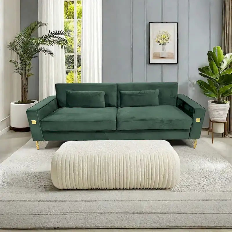 Divano a 3 posti in velluto con dettagli dorati – Blu retrò / Nero / Verde retrò / Bianco crema / Arancione