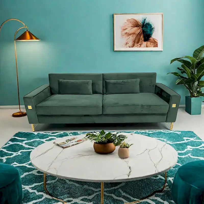 Divano a 3 posti in velluto con dettagli dorati – Blu retrò / Nero / Verde retrò / Bianco crema / Arancione