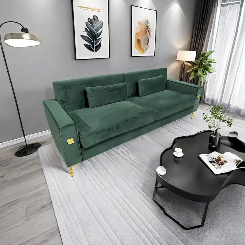 Divano a 3 posti in velluto con dettagli dorati – Blu retrò / Nero / Verde retrò / Bianco crema / Arancione
