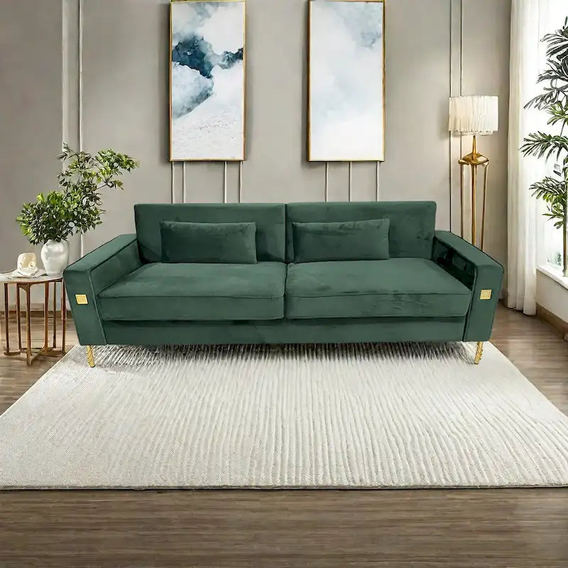 Divano a 3 posti in velluto con dettagli dorati – Blu retrò / Nero / Verde retrò / Bianco crema / Arancione