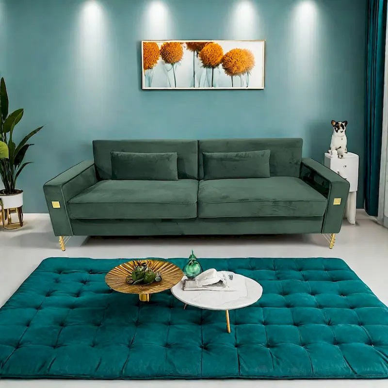 Divano a 3 posti in velluto con dettagli dorati – Blu retrò / Nero / Verde retrò / Bianco crema / Arancione