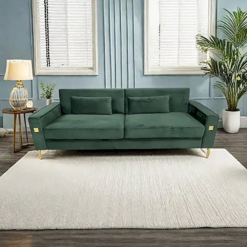 Divano a 3 posti in velluto con dettagli dorati – Blu retrò / Nero / Verde retrò / Bianco crema / Arancione