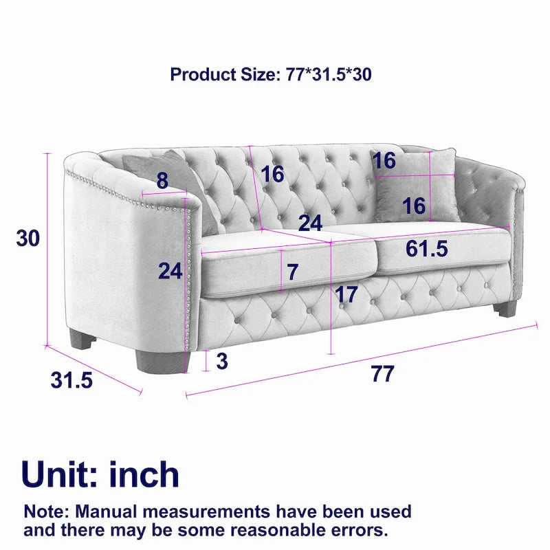 Divano a 3 posti Chester in velluto con bottoni capitonné da 195 cm – Beige / Grigio / Nero, con borchie decorative
