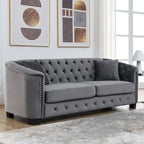 Divano a 3 posti Chester in velluto con bottoni capitonné da 195 cm – Beige / Grigio / Nero, con borchie decorative