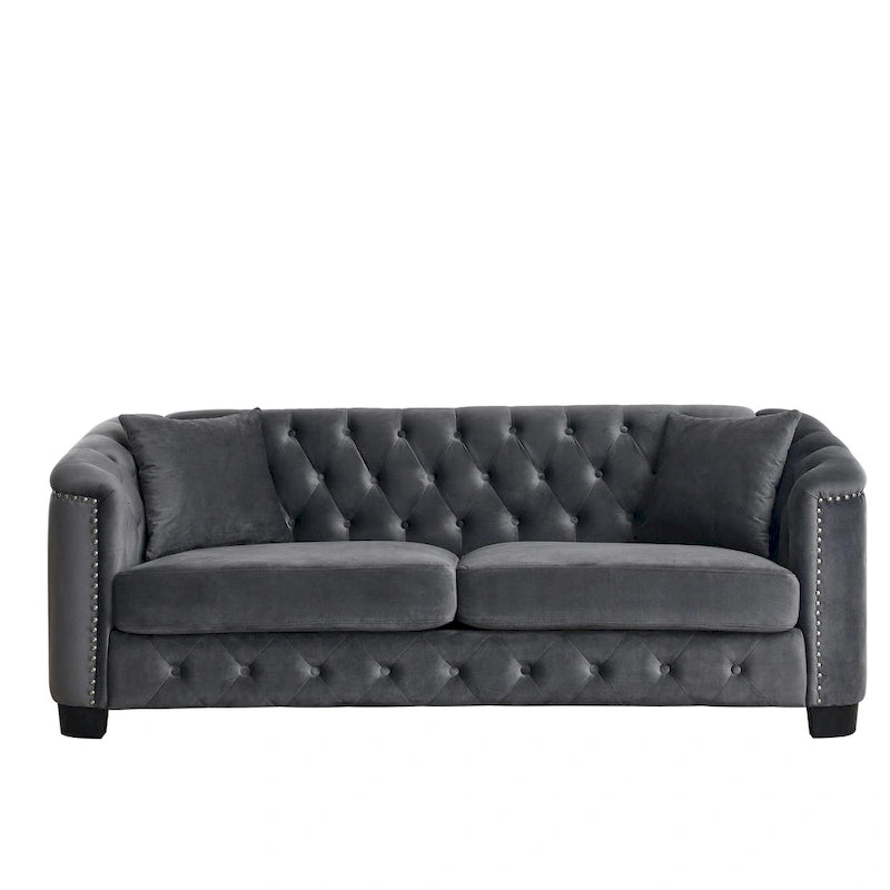 Divano a 3 posti Chester in velluto con bottoni capitonné da 195 cm – Beige / Grigio / Nero, con borchie decorative
