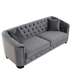 Divano a 3 posti Chester in velluto con bottoni capitonné da 195 cm – Beige / Grigio / Nero, con borchie decorative