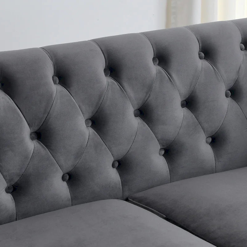 Divano a 3 posti Chester in velluto con bottoni capitonné da 195 cm – Beige / Grigio / Nero, con borchie decorative