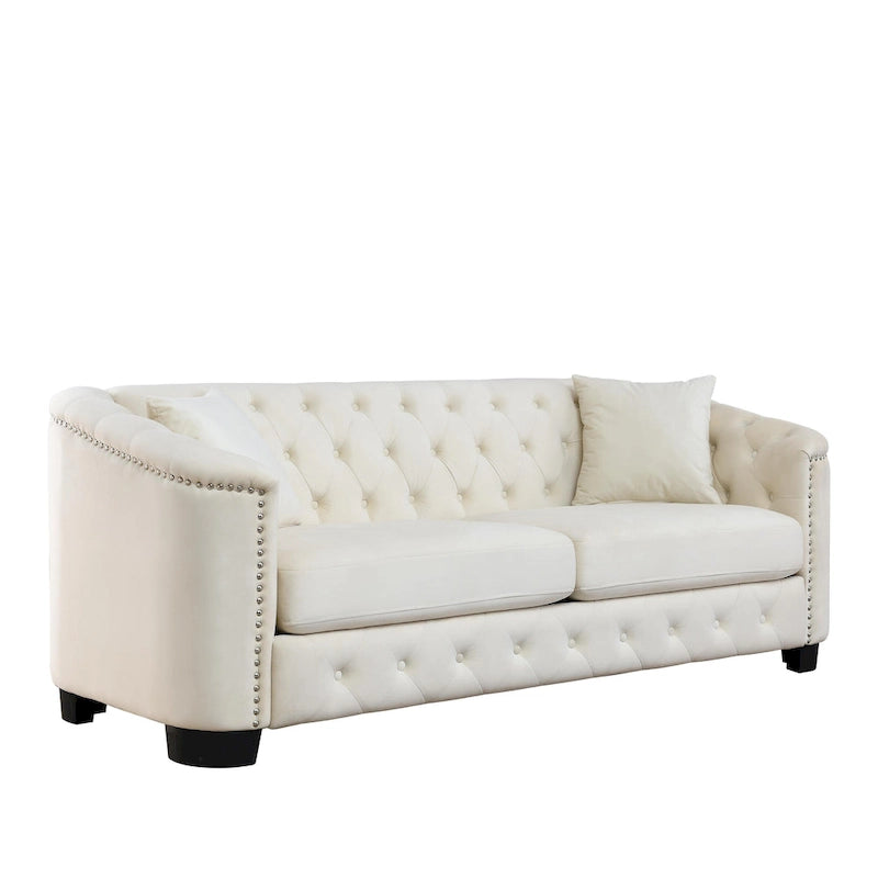 Divano a 3 posti Chester in velluto con bottoni capitonné da 195 cm – Beige / Grigio / Nero, con borchie decorative