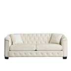 Divano a 3 posti Chester in velluto con bottoni capitonné da 195 cm – Beige / Grigio / Nero, con borchie decorative
