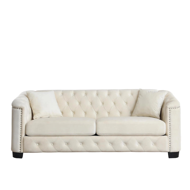 Divano a 3 posti Chester in velluto con bottoni capitonné da 195 cm – Beige / Grigio / Nero, con borchie decorative