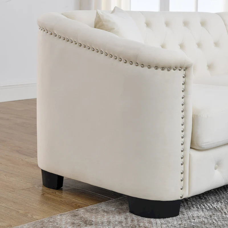 Divano a 3 posti Chester in velluto con bottoni capitonné da 195 cm – Beige / Grigio / Nero, con borchie decorative