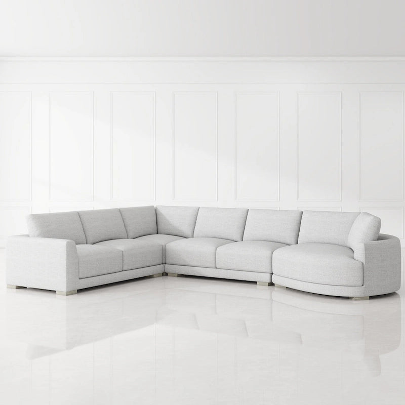Divano componibile a L con chaise longue in tessuto tweed di poliestere beige/grigio, 4 posti