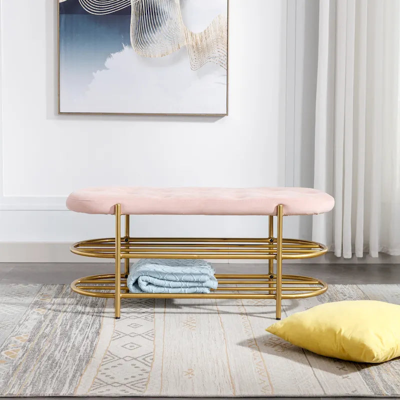 Panca imbottita in velluto da 40" con doppia scarpiera, Rosa / Arancione / Nero / Grigio / Beige / Blu navy / Rosso / Oliva, 1 posto a sedere