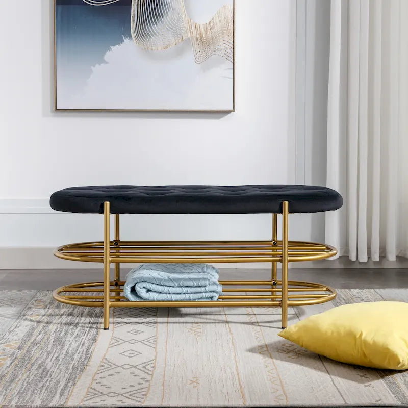Panca imbottita in velluto da 40" con doppia scarpiera, Rosa / Arancione / Nero / Grigio / Beige / Blu navy / Rosso / Oliva, 1 posto a sedere
