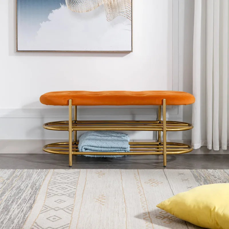 Panca imbottita in velluto da 40" con doppia scarpiera, Rosa / Arancione / Nero / Grigio / Beige / Blu navy / Rosso / Oliva, 1 posto a sedere