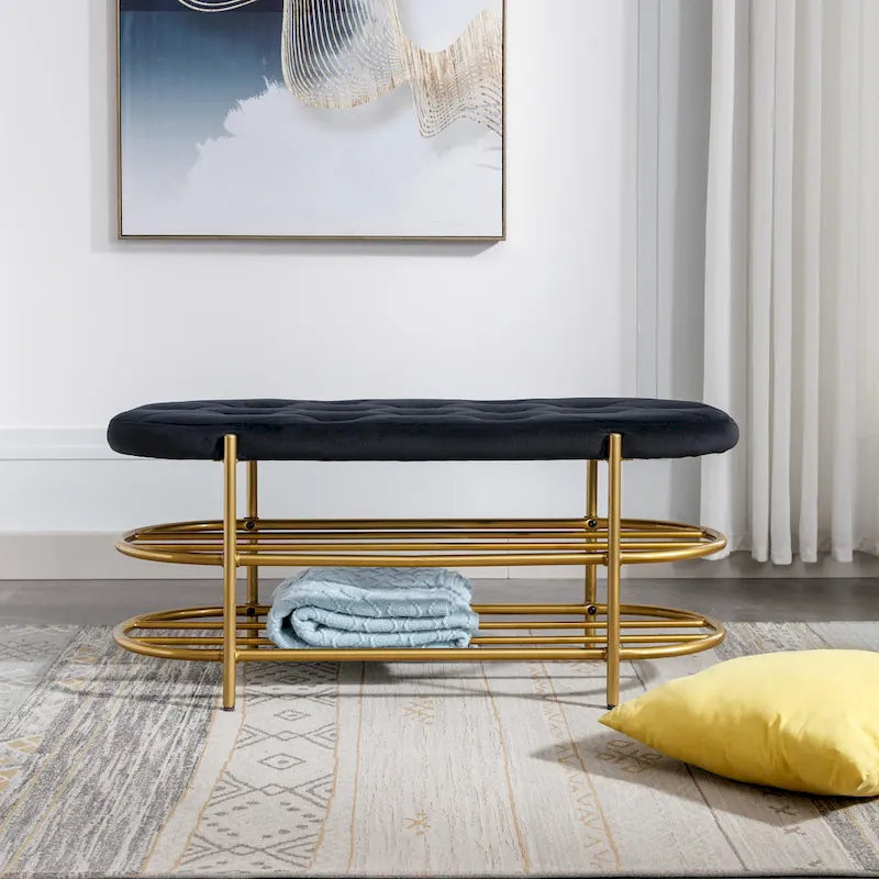 Panca imbottita in velluto da 40" con doppia scarpiera, Rosa / Arancione / Nero / Grigio / Beige / Blu navy / Rosso / Oliva, 1 posto a sedere