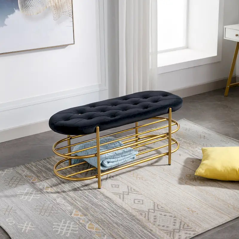 Panca imbottita in velluto da 40" con doppia scarpiera, Rosa / Arancione / Nero / Grigio / Beige / Blu navy / Rosso / Oliva, 1 posto a sedere