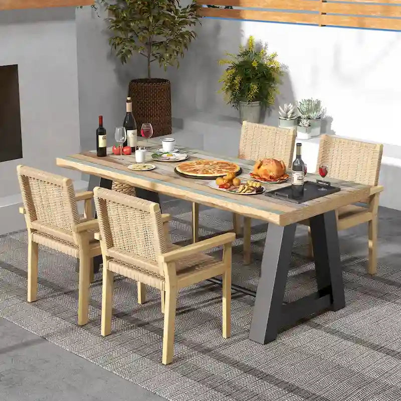 Sgabello da pranzo senza schienale in legno di gomma naturale con seduta in carta intrecciata, set da 2