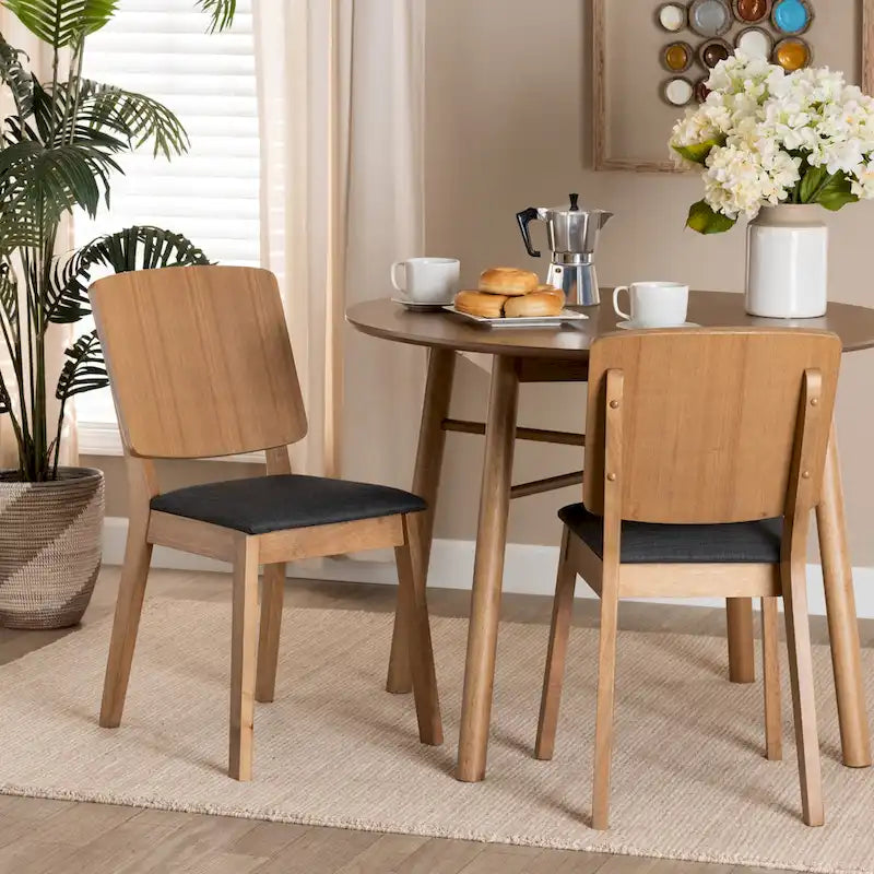 Denmark Mid-Century Modern Black Fabric and French Oak Brown Finished Rubberwood 2-Piece Dining Chair Set