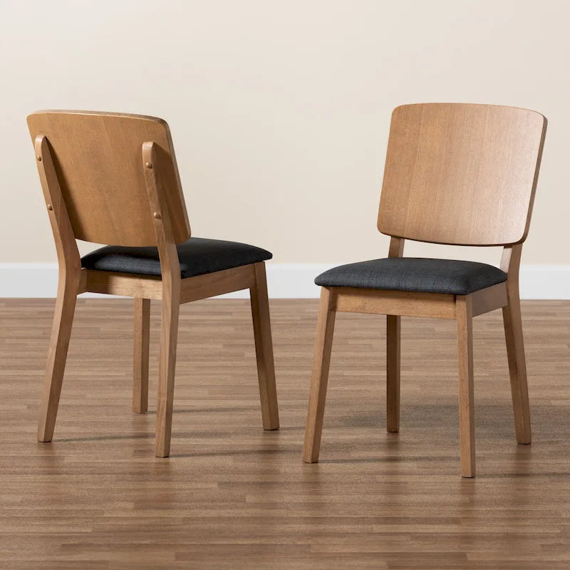 Set di 2 sedie da pranzo Denmark Mid-Century Modern in tessuto nero e legno di quercia francese rifinito in gomma marrone