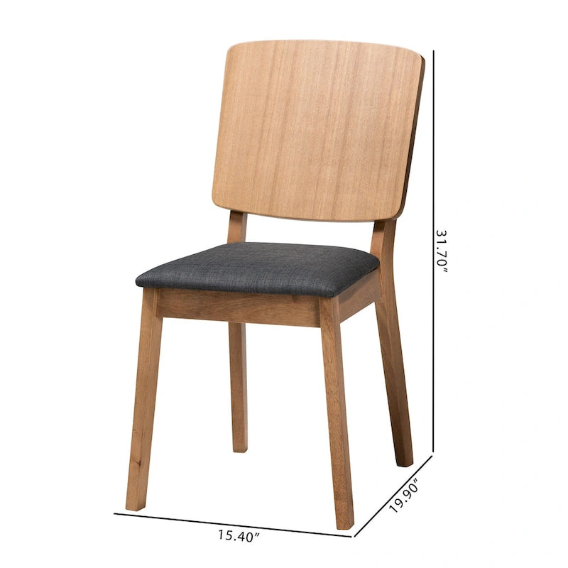 Set di 2 sedie da pranzo Denmark Mid-Century Modern in tessuto nero e legno di quercia francese rifinito in gomma marrone