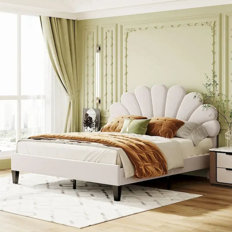 Letto matrimoniale imbottito con piattaforma, testiera in velluto floreale, beige/rosso pasta di fagioli, 2 posti letto