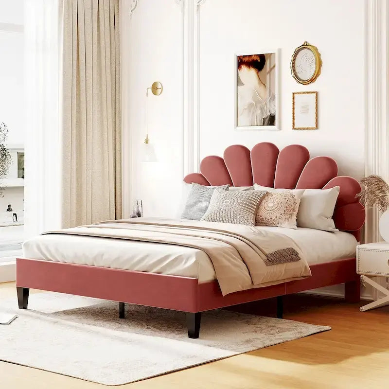 Letto matrimoniale imbottito con piattaforma, testiera in velluto floreale, beige/rosso pasta di fagioli, 2 posti letto