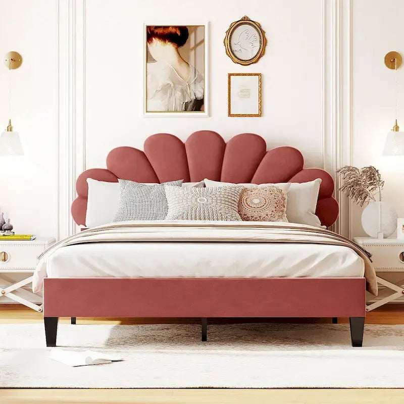 Letto matrimoniale imbottito con piattaforma, testiera in velluto floreale, beige/rosso pasta di fagioli, 2 posti letto